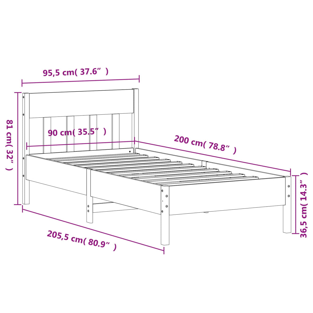 Estrutura de cama com cabeceira 90x200 cm pinho maciço