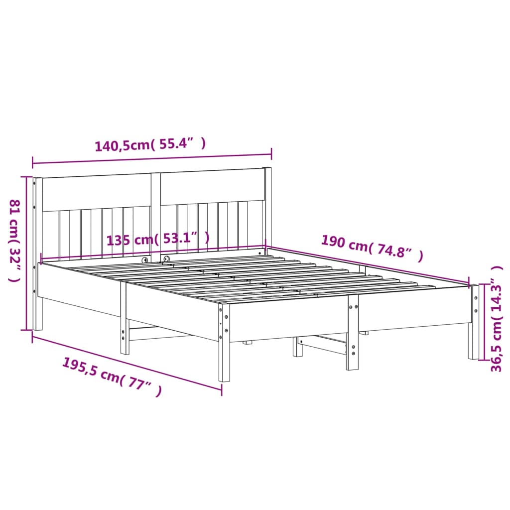 Estrutura cama c/ cabeceira 135x190cm pinho maciço castanho-mel