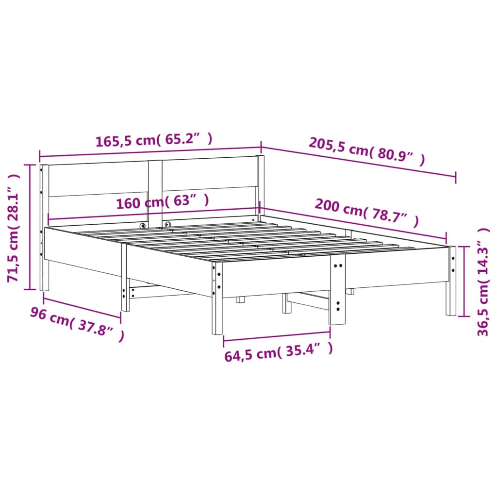 Estrutura cama c/ cabeceira 160x200cm pinho maciço castanho-mel