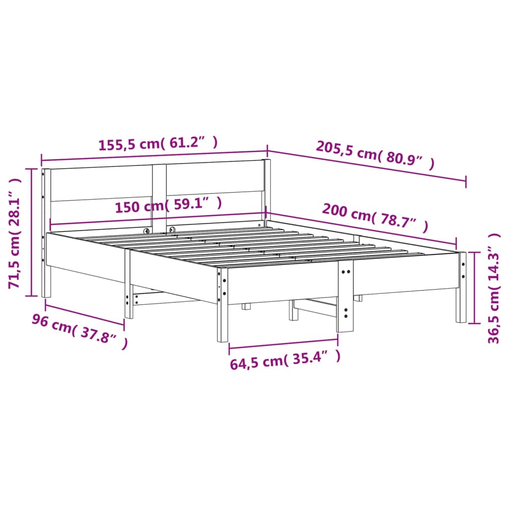 Estrutura de cama c/ cabeceira 150x200 cm pinho maciço