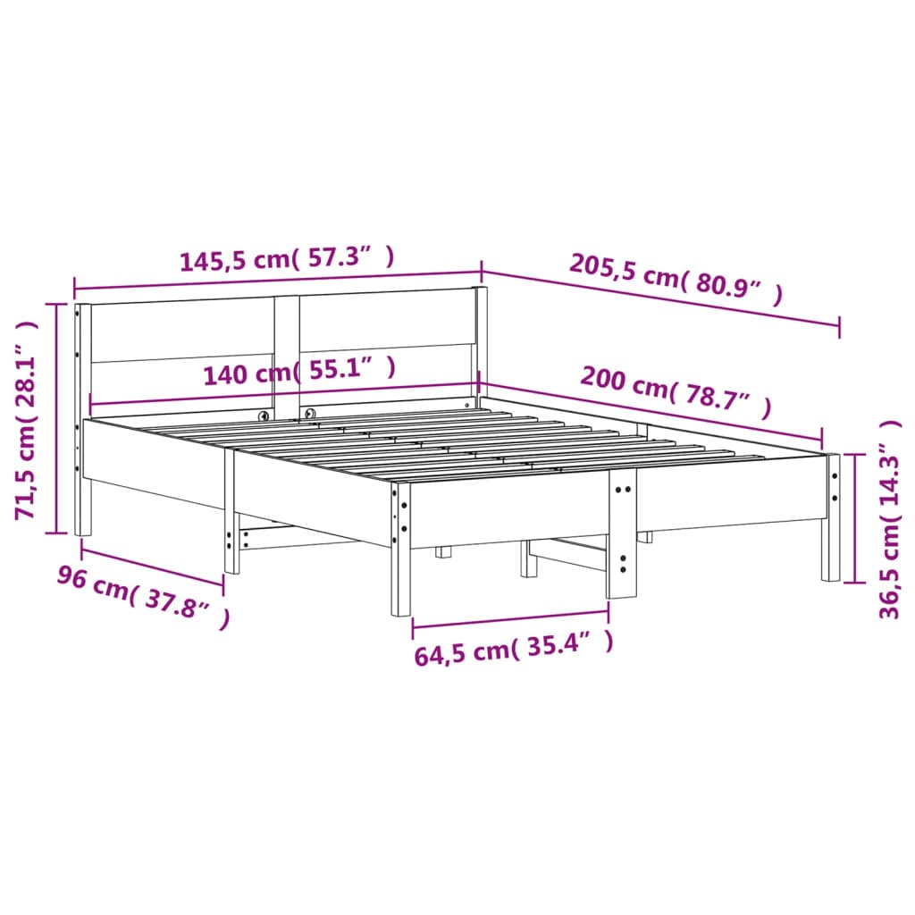 Estrutura cama c/ cabeceira 140x200cm pinho maciço castanho-mel