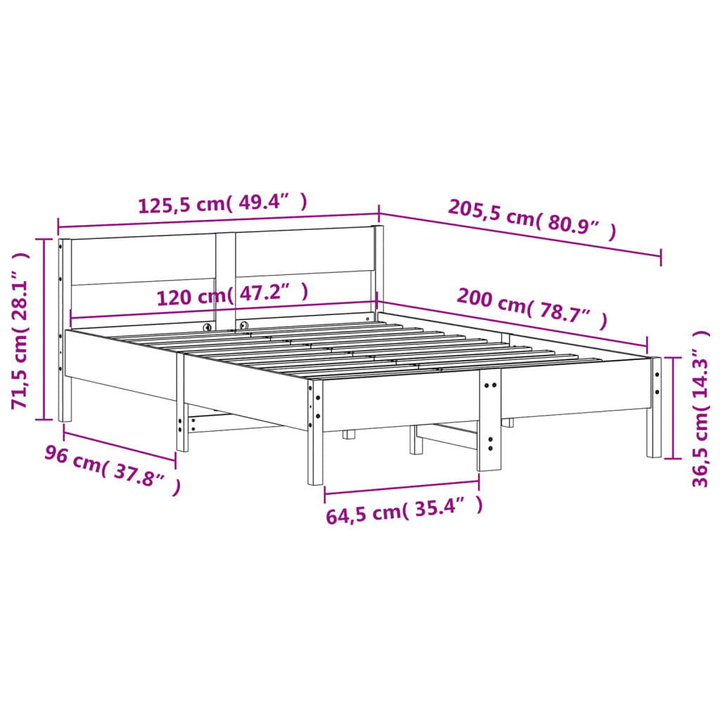 Estrutura de cama com cabeceira 120x200 cm pinho maciço