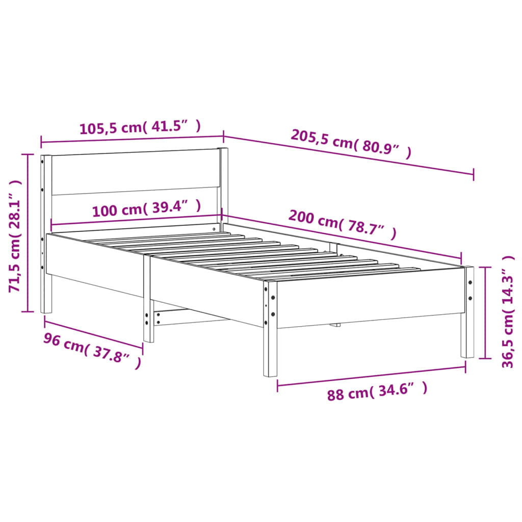 Estrutura de cama com cabeceira 100x200cm pinho maciço