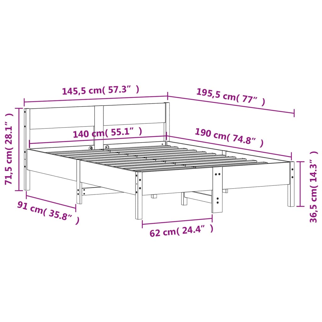 Estrutura cama c/ cabeceira 140x190 cm pinho maciço