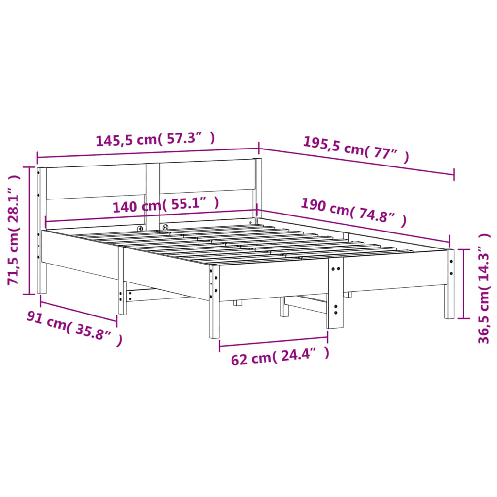 Estrutura cama c/ cabeceira 140x190cm pinho maciço castanho-mel