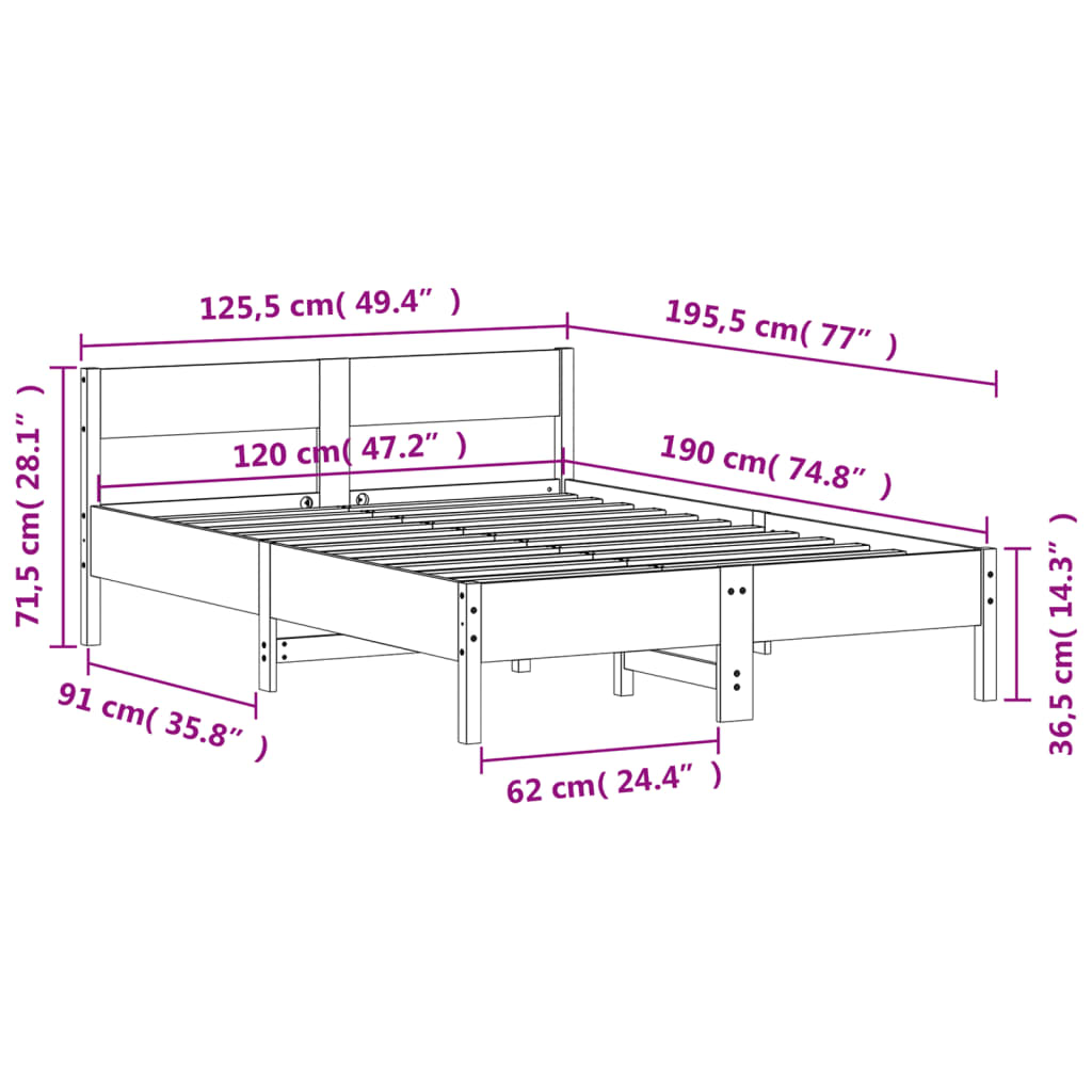 Estrutura cama c/ cabeceira 120x190 cm pinho maciço