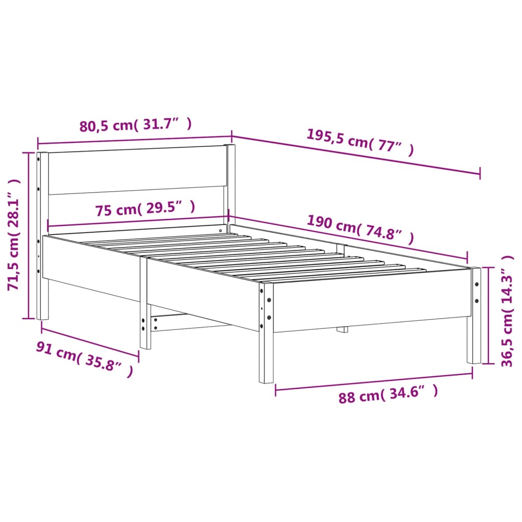 Estrutura de cama com cabeceira 75x190 cm pinho maciço