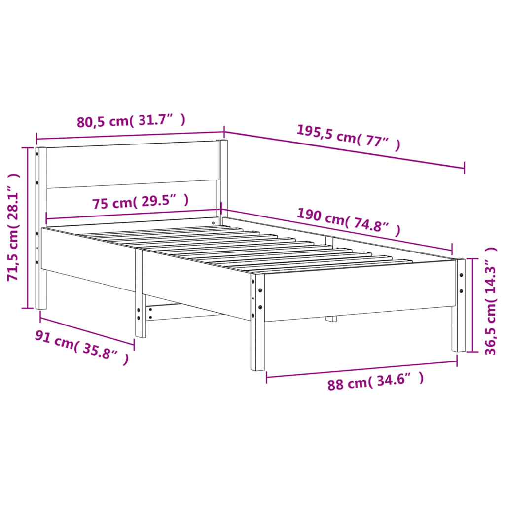 Estrutura cama c/ cabeceira 75x190 cm pinho maciço