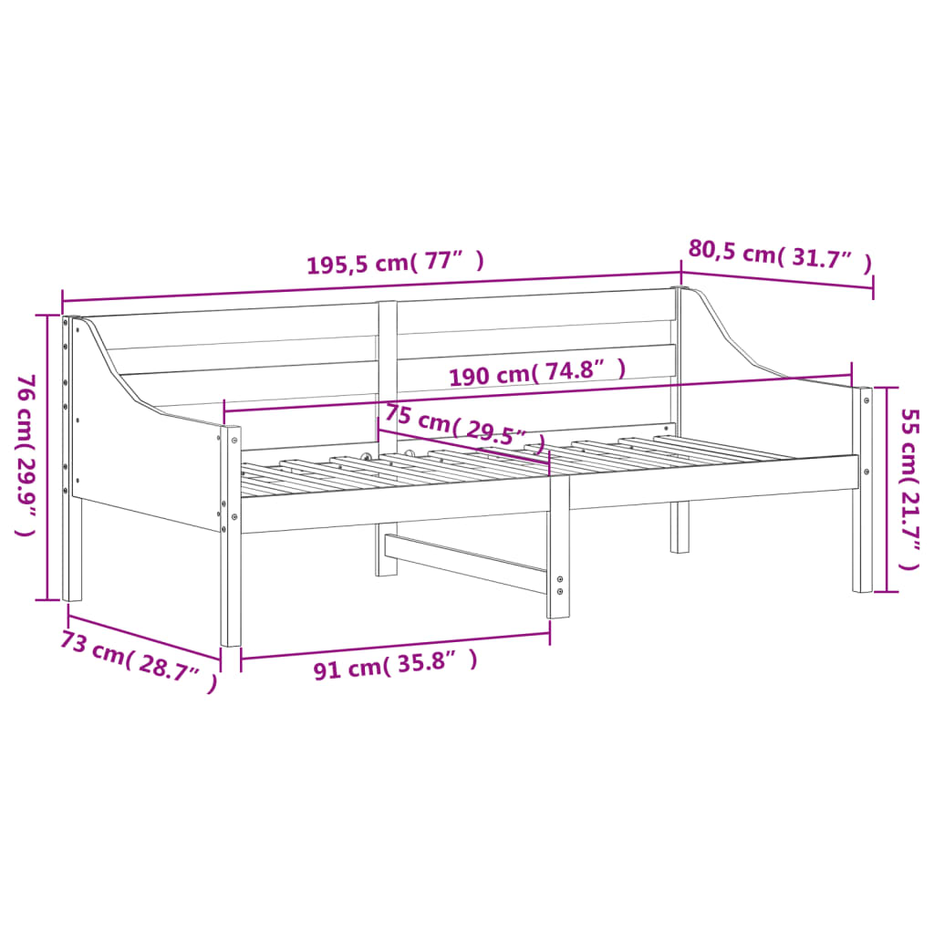 Sofá-cama 75x190 cm madeira de pinho maciça branco