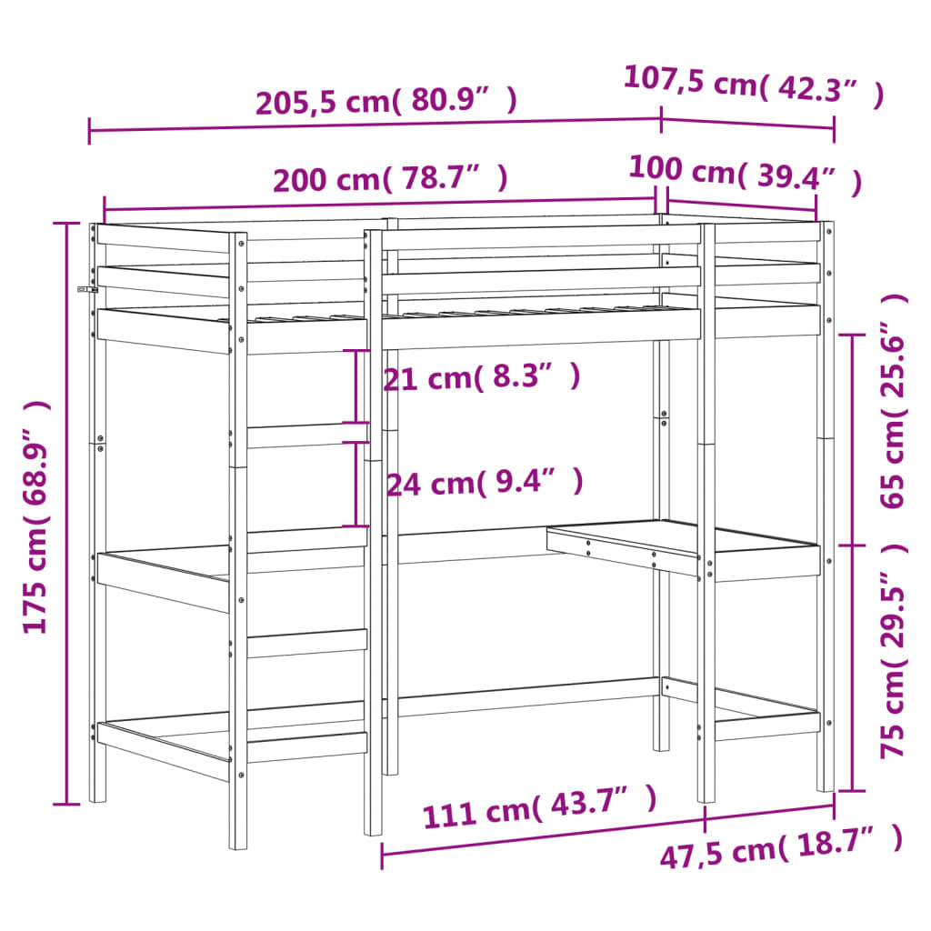 Cama alta c/ secretária 100x200 cm pinho maciço branco