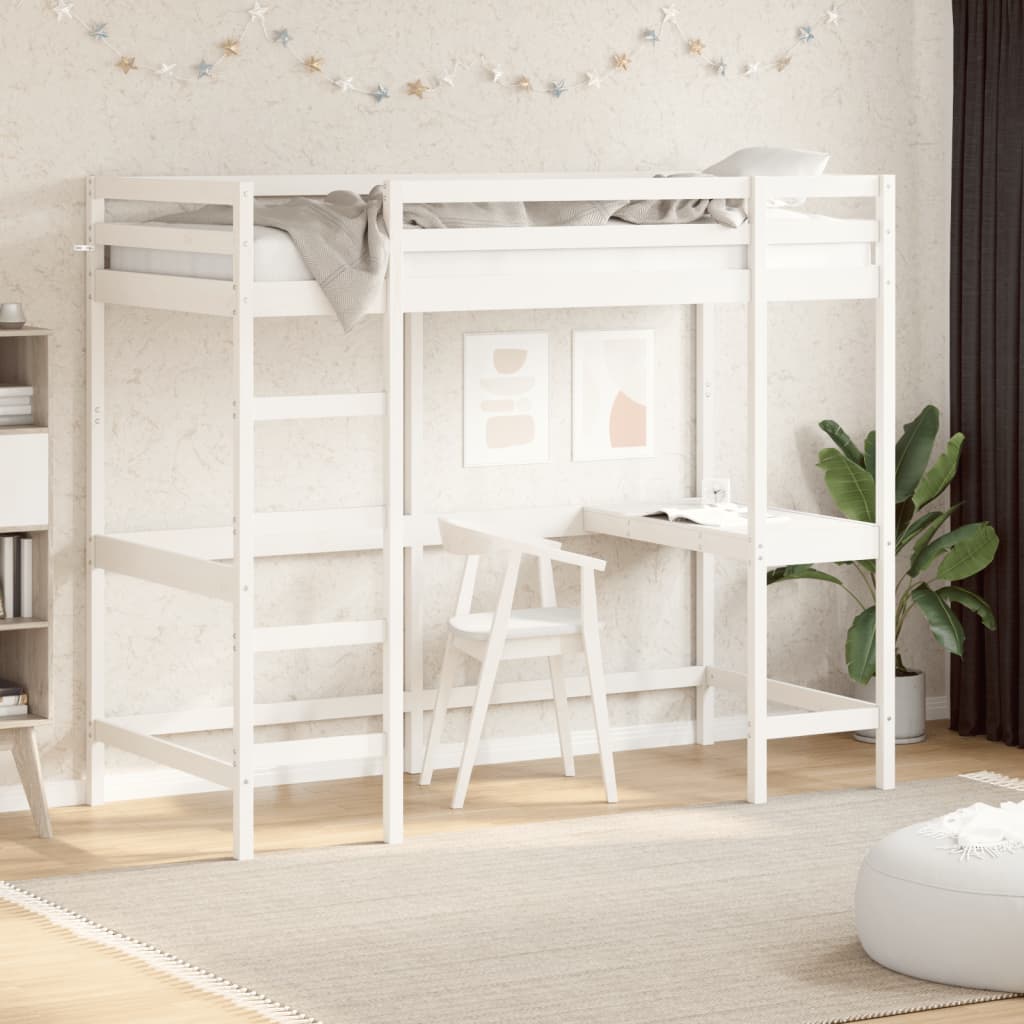 Cama alta com secretária 90x200 cm pinho maciço branco