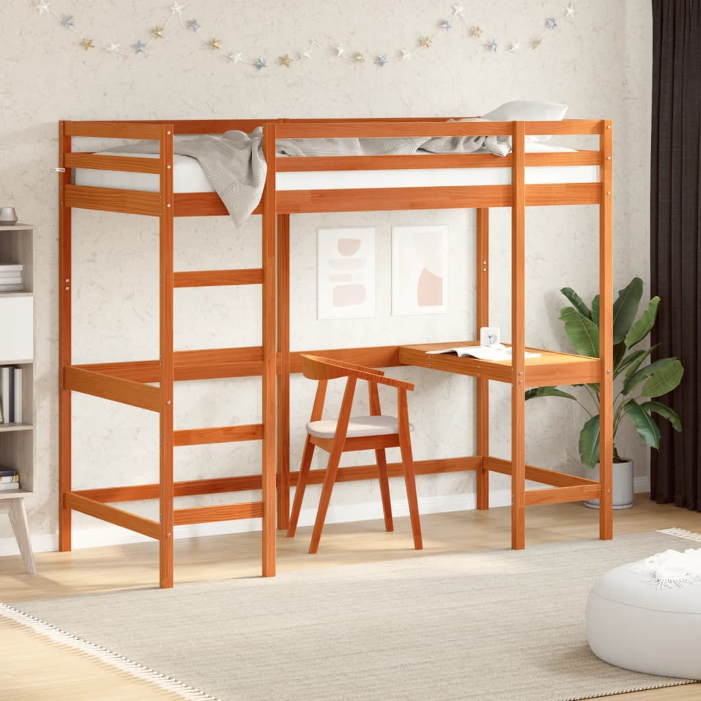 Cama alta c/ secretária 90x200 cm pinho maciço castanho-cera