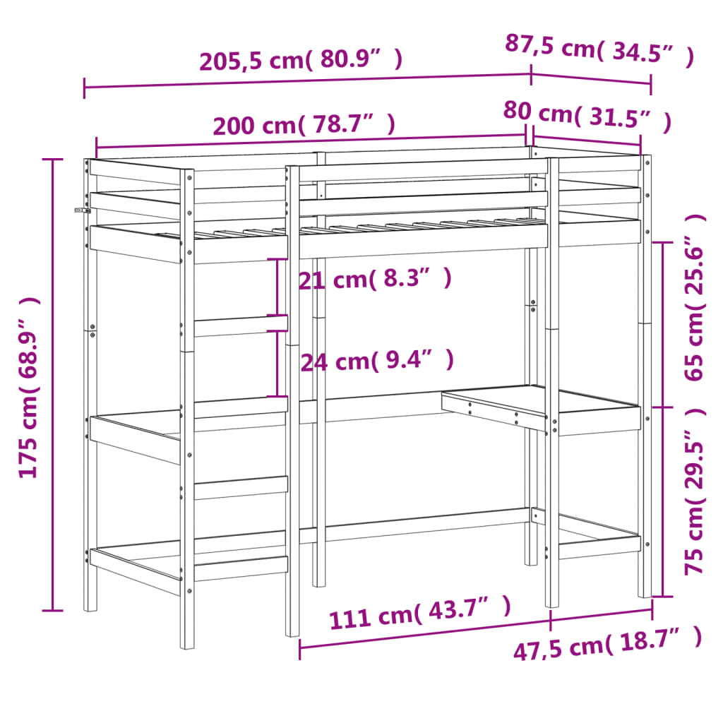 Cama alta com secretária 80x200 cm pinho maciço branco