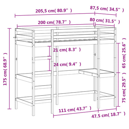 Cama alta com secretária 80x200 cm pinho maciço branco