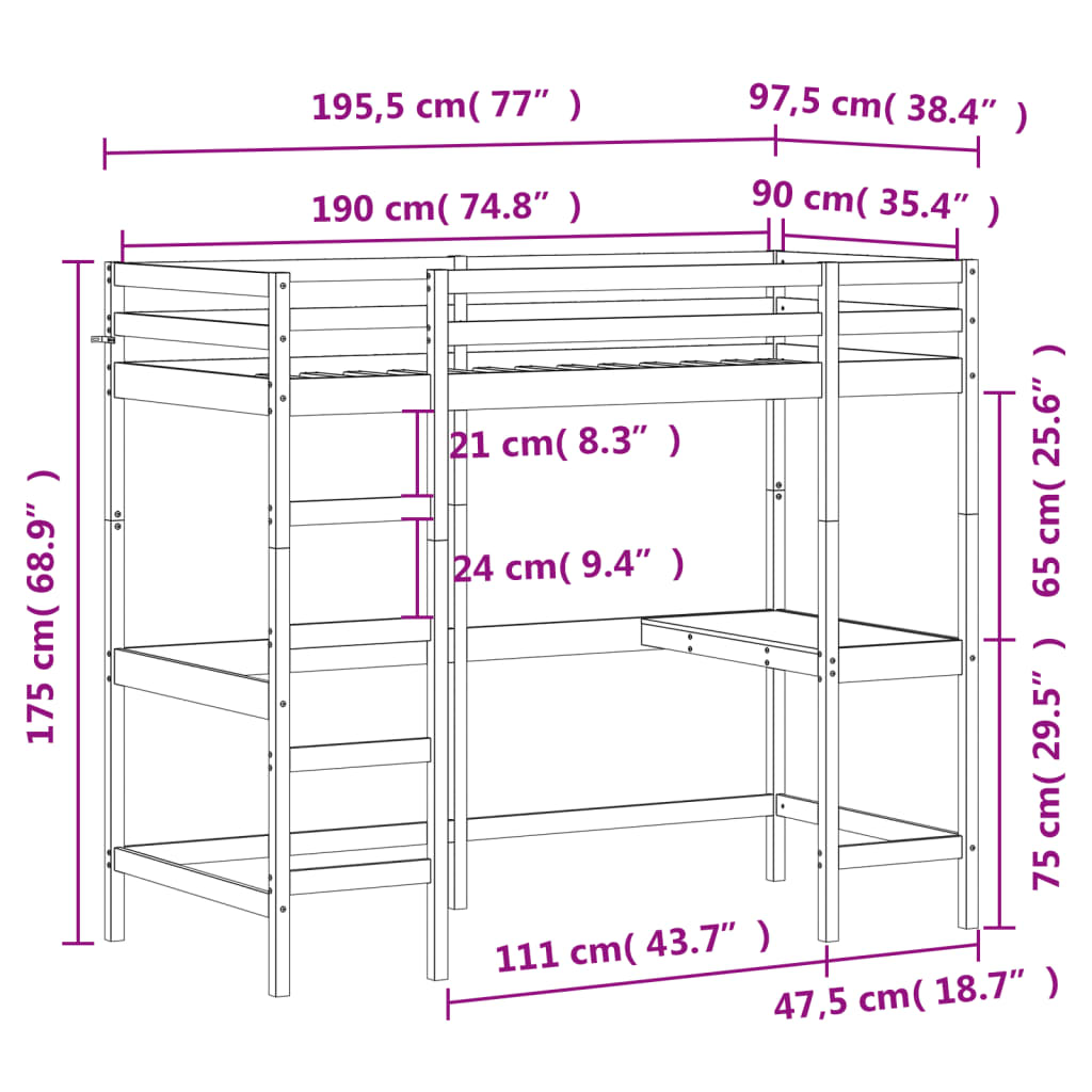 Cama alta com secretária 90x190 cm madeira de pinho maciça