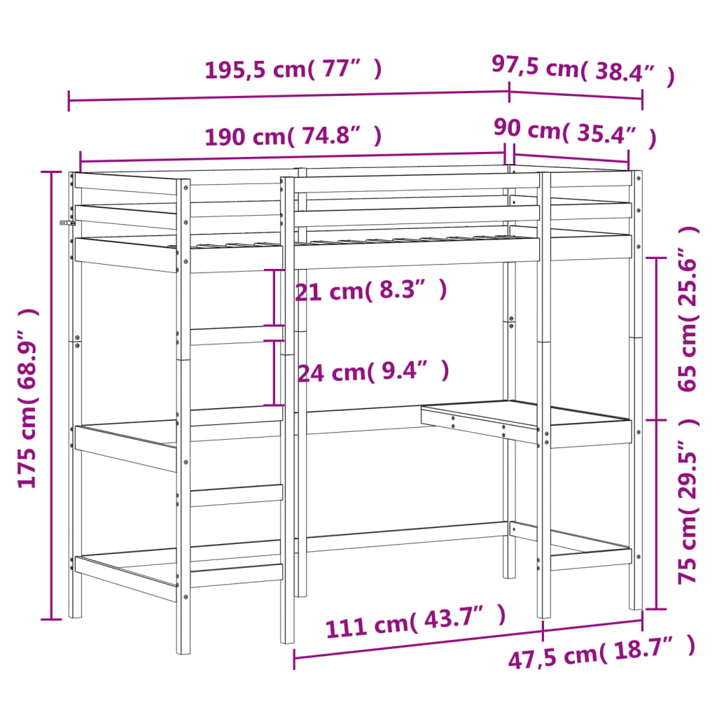 Cama alta com secretária 90x190 cm pinho maciço castanho-mel