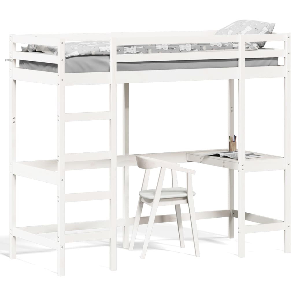 Cama alta com secretária 75x190 cm pinho maciço branco