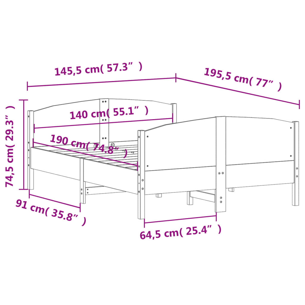 Estrutura cama c/ cabeceira 140x190 cm pinho maciço branco