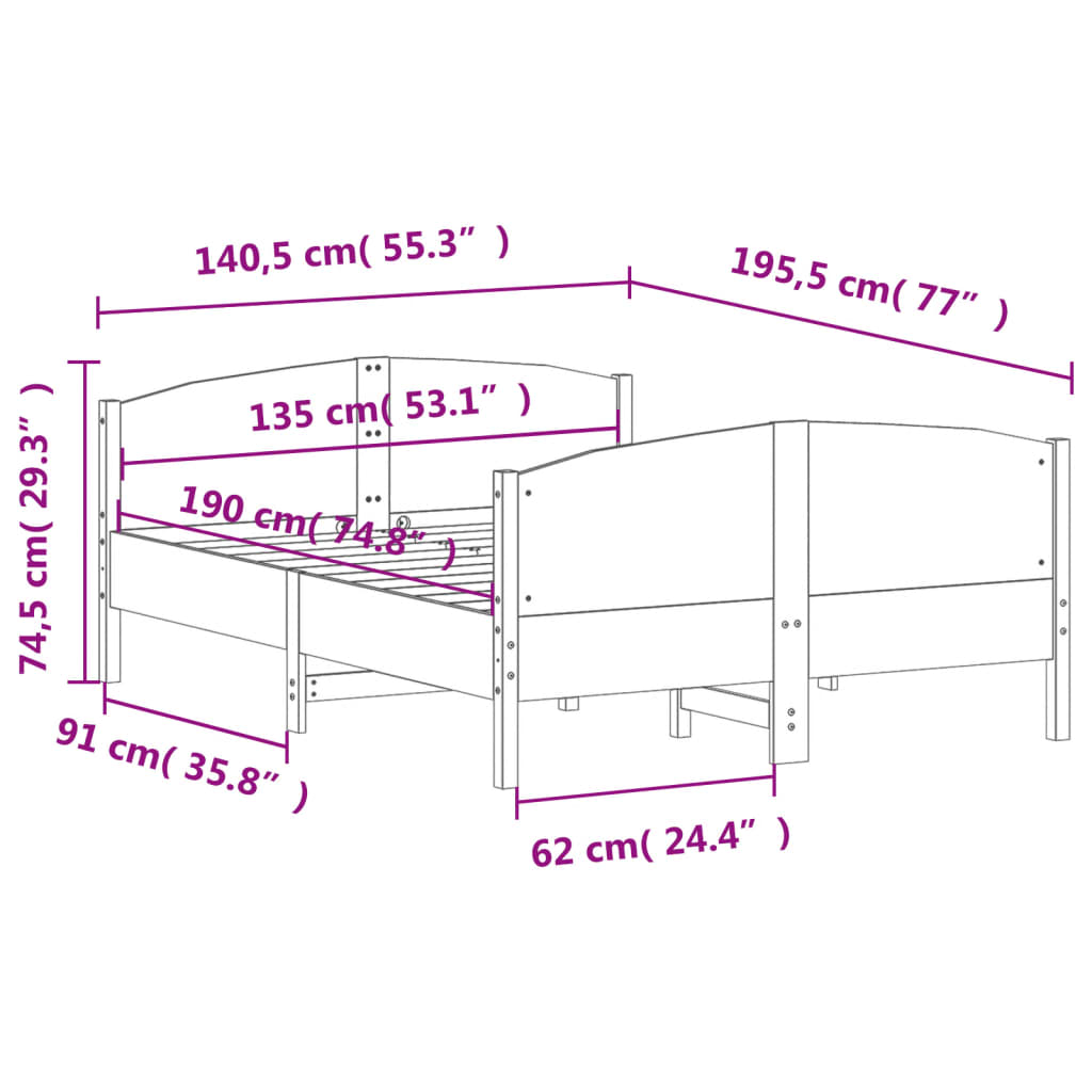 Estrutura cama c/ cabeceira 135x190 cm pinho maciço