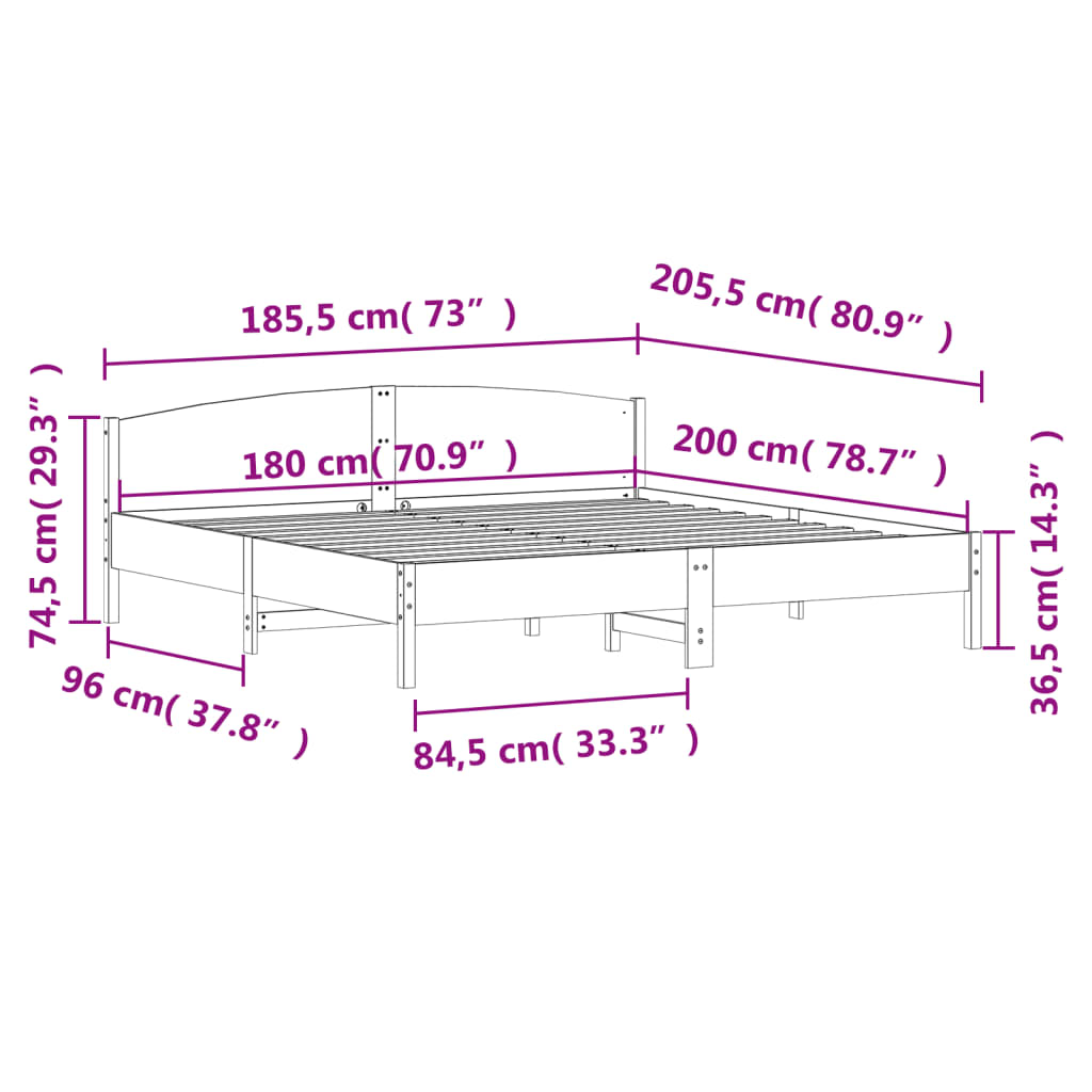 Estrutura cama c/ cabeceira 180x200cm pinho maciço castanho-mel