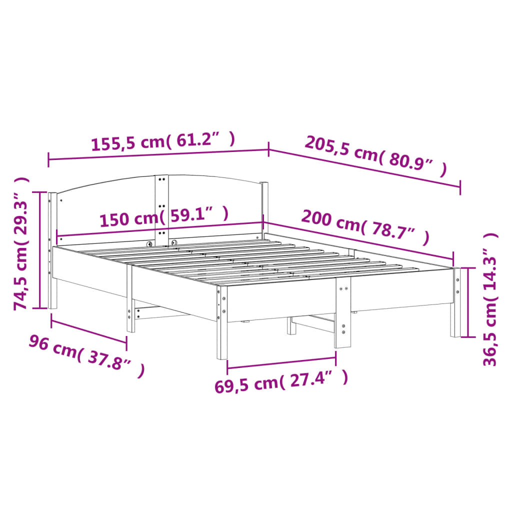 Estrutura de cama c/ cabeceira 150x200 cm pinho maciço