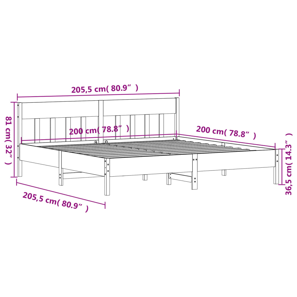 Estrutura de cama com cabeceira 200x200 cm pinho maciço