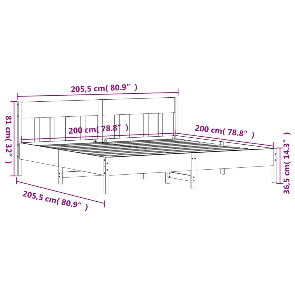 Estrutura cama c/ cabeceira 200x200cm pinho maciço castanho-mel