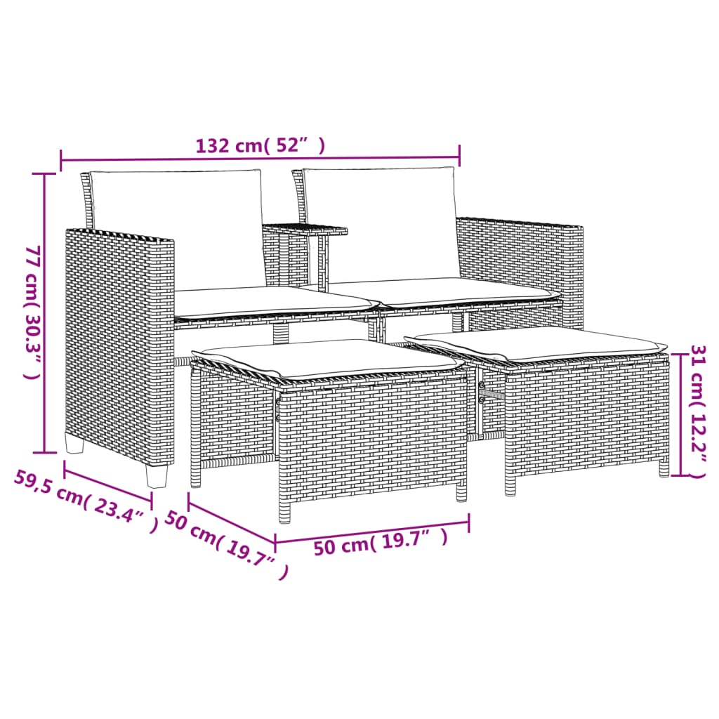 Sofá de jardim de 2 lugares com mesa e bancos vime PE cinzento