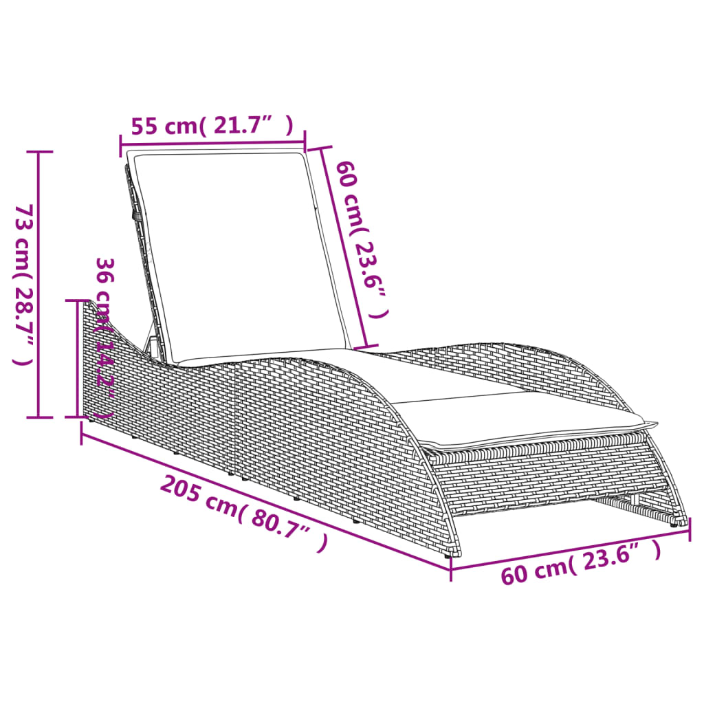 Espreguiçadeira com almofadão 60x205x73 cm vime PE castanho