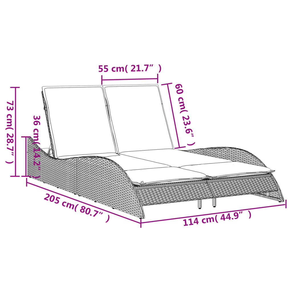 Espreguiçadeira com almofadões 114x205x73 cm vime PE preto