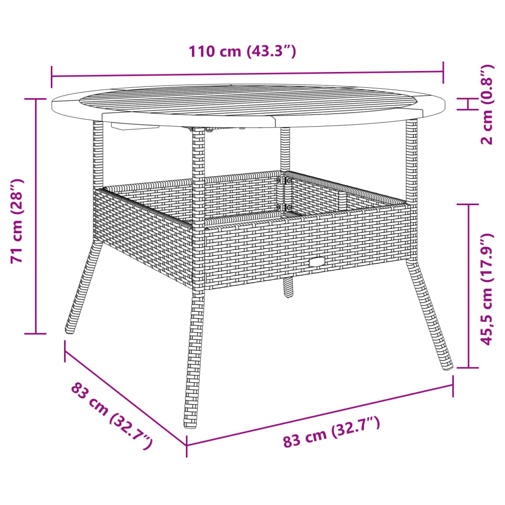 Mesa de jardim com tampo de acácia Ø110x71 cm vime PE preto