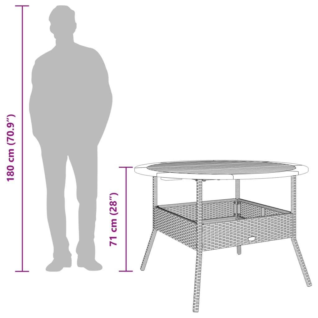 Mesa de jardim com tampo de acácia Ø110x71 cm vime PE cinza