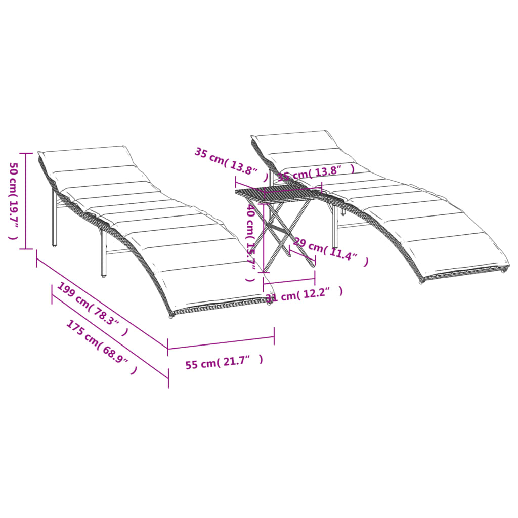 Espreguiçadeiras com mesa 2 pcs vime PE preto