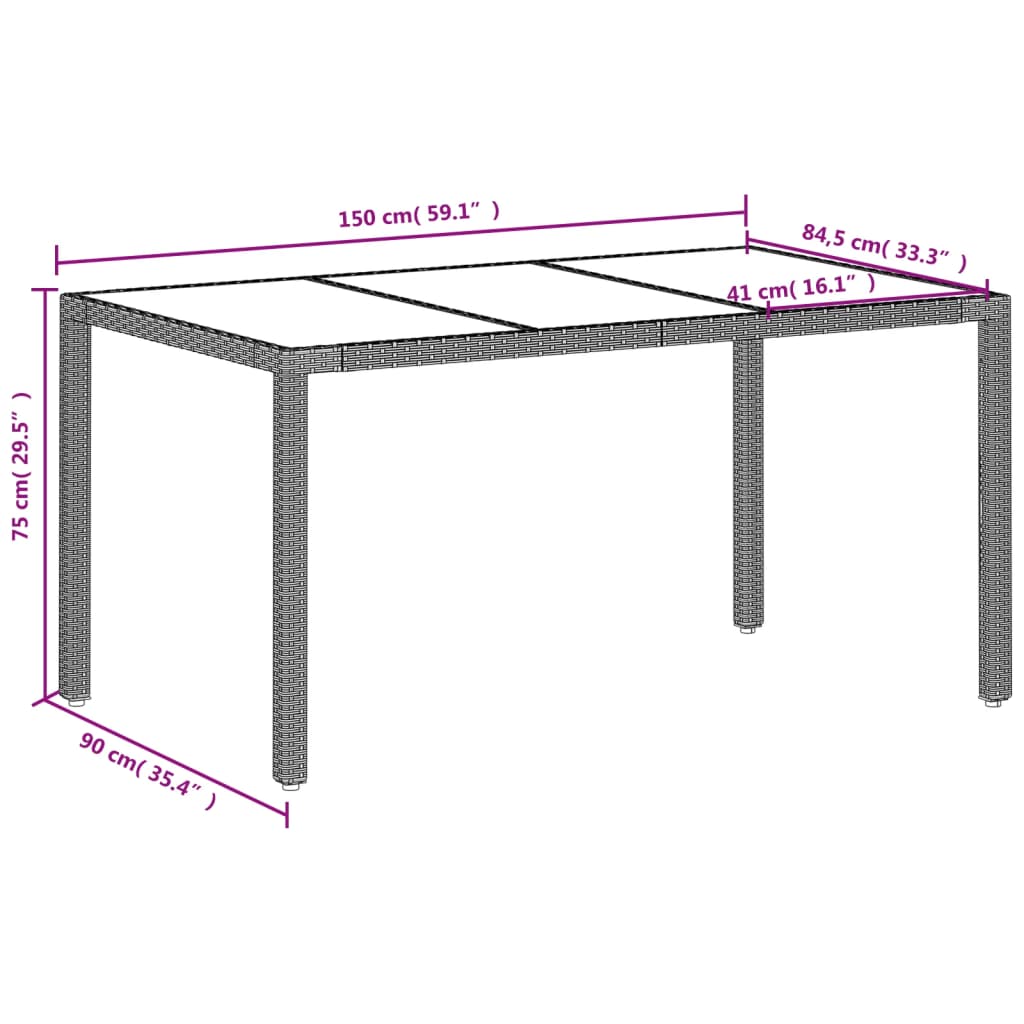 Mesa de jardim c/ tampo vidro 150x90x75 cm vime PE cinza-claro