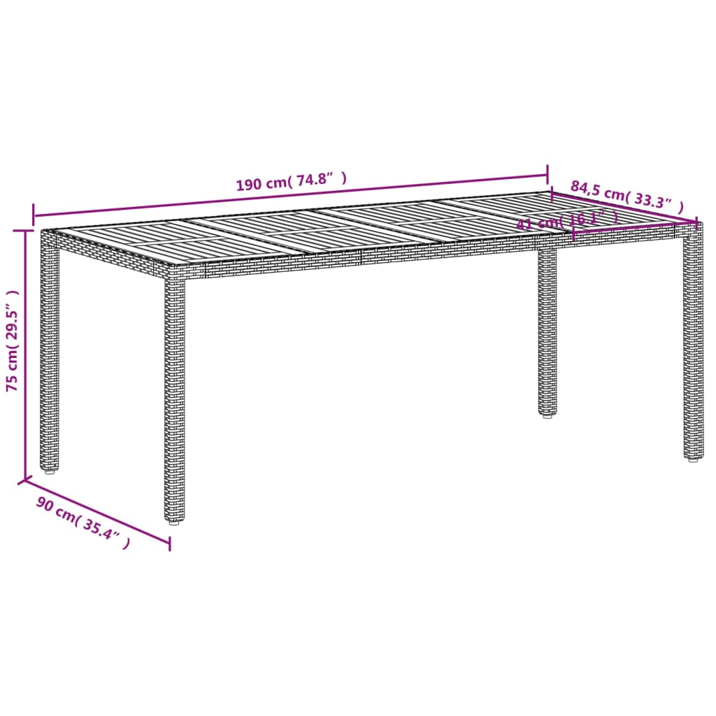 Mesa de jardim 190x90x75 cm vime PE e madeira de maciça bege