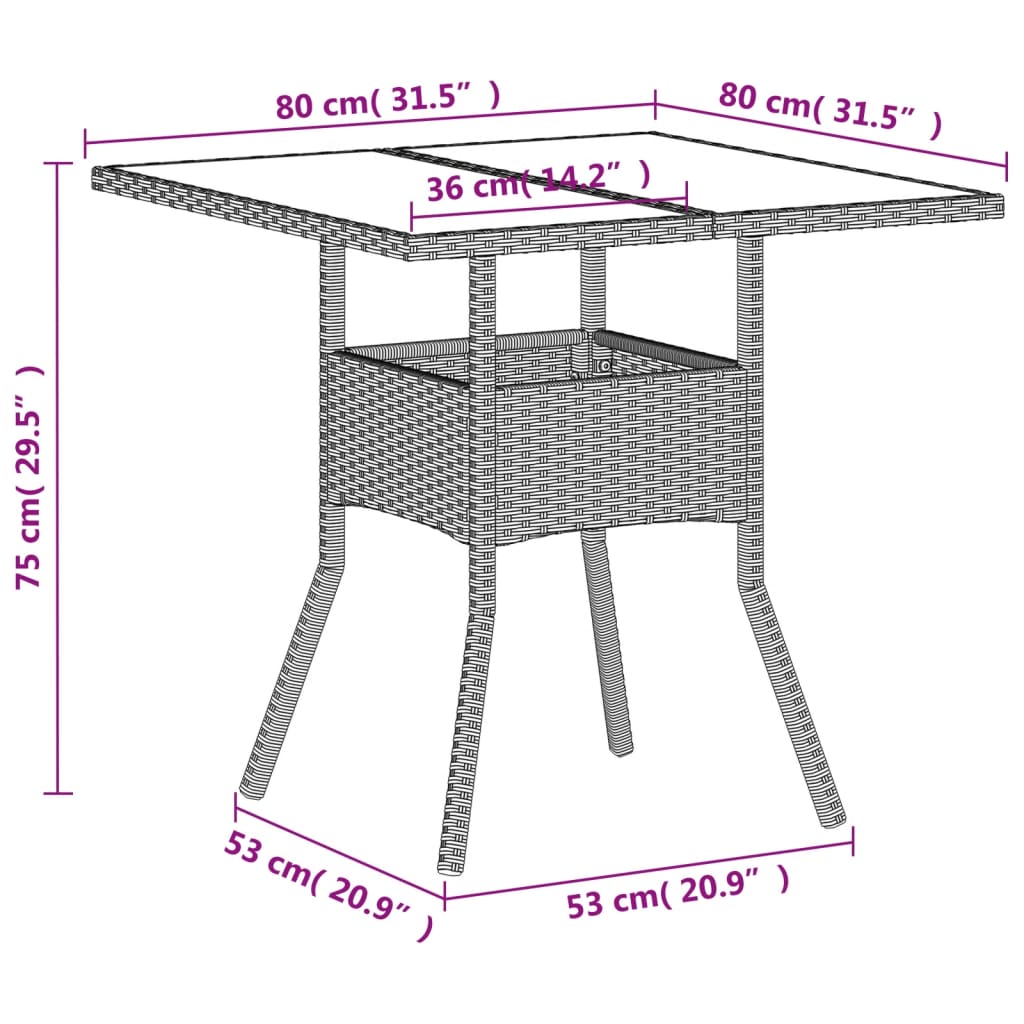 Mesa jardim c/ tampo de vidro 80x80x75 cm vime PE cinza-claro