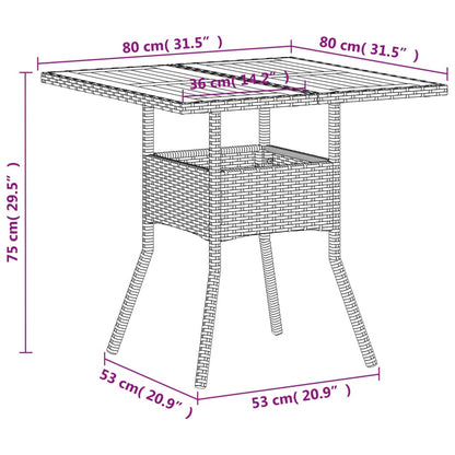 Mesa de jardim 80x80x75 cm vime PE e madeira de acácia bege