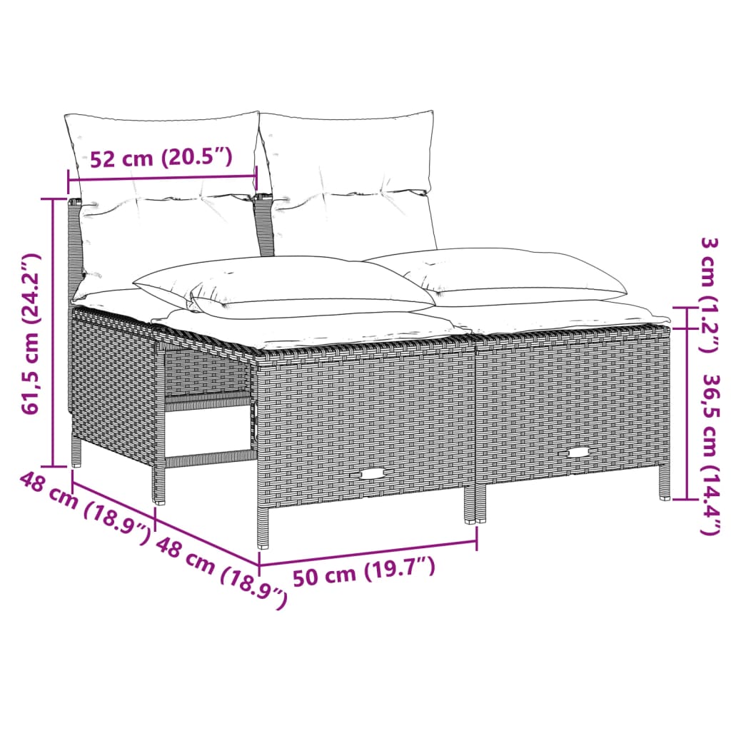 4 pcs conj. sofás jardim c/ almofadões vime PE cinzento-claro