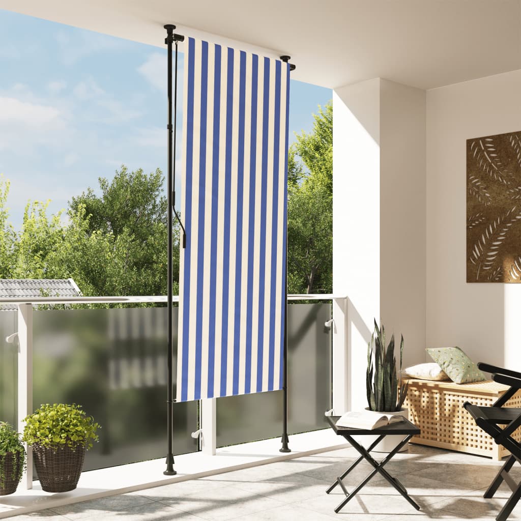 Estore de rolo para exterior 100x270cm tecido/aço azul e branco