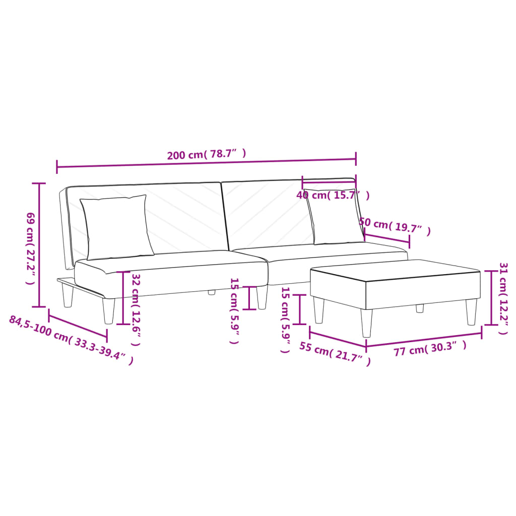 2 pcs conjunto de sofás com almofadas veludo preto