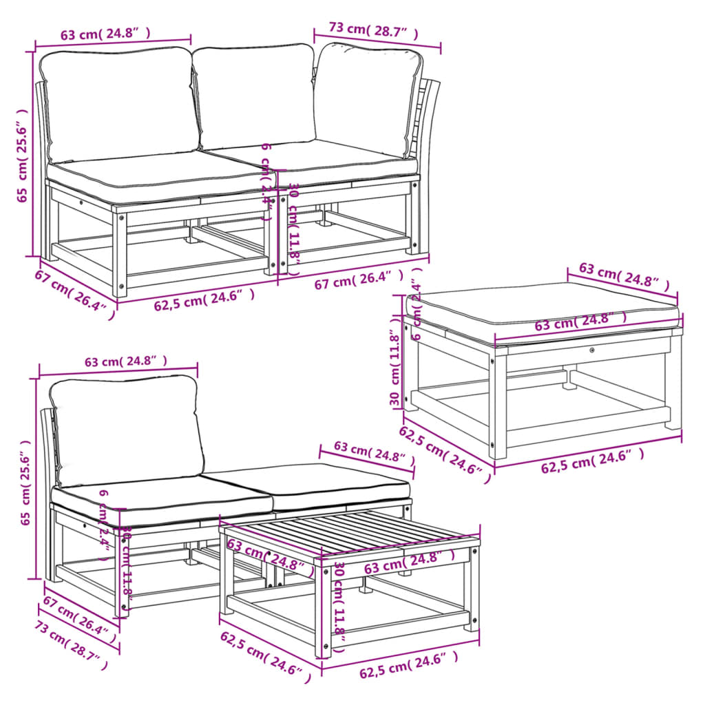 6 pcs conjunto lounge jardim c/almofadões madeira maciça acácia