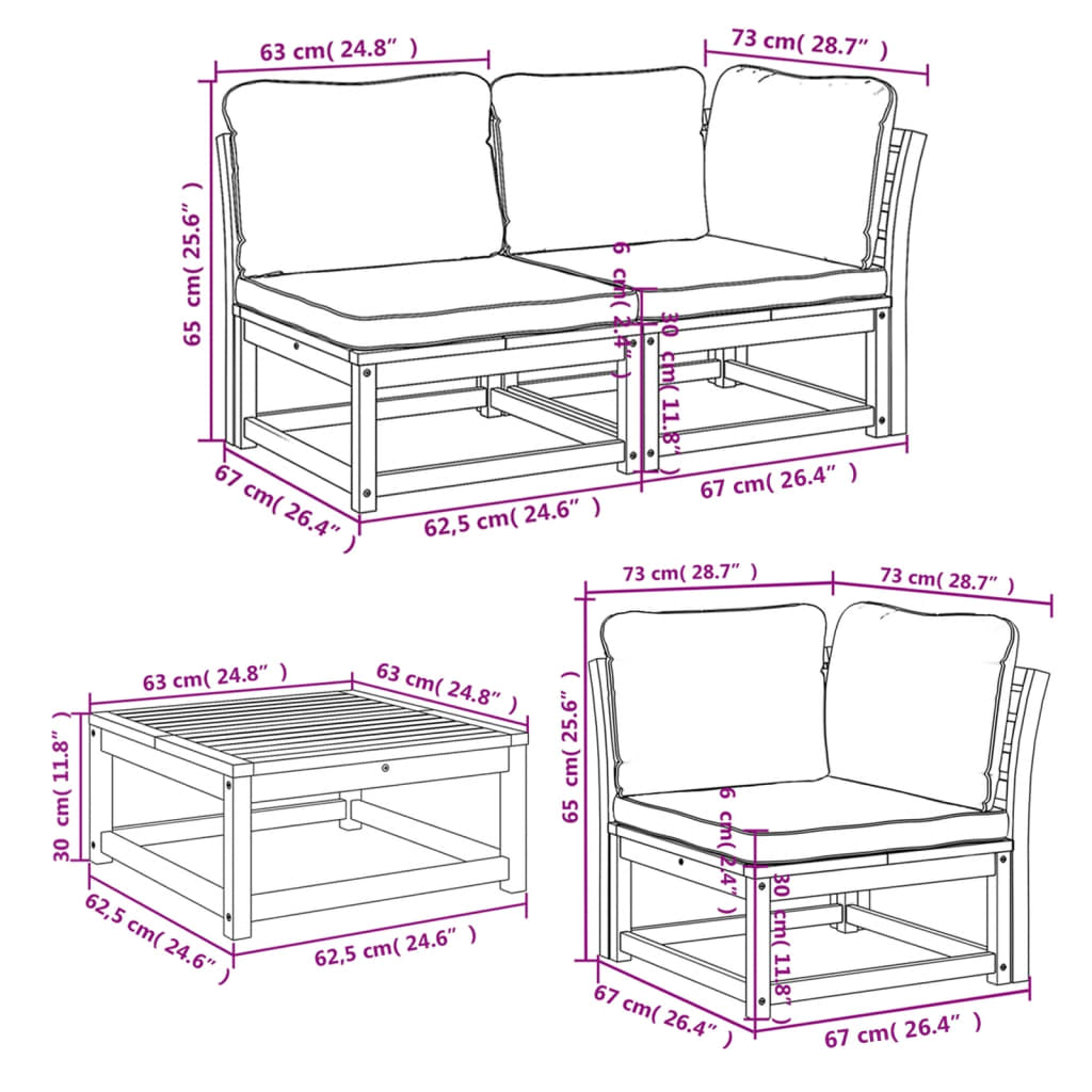 6 pcs conjunto lounge jardim c/almofadões madeira maciça acácia