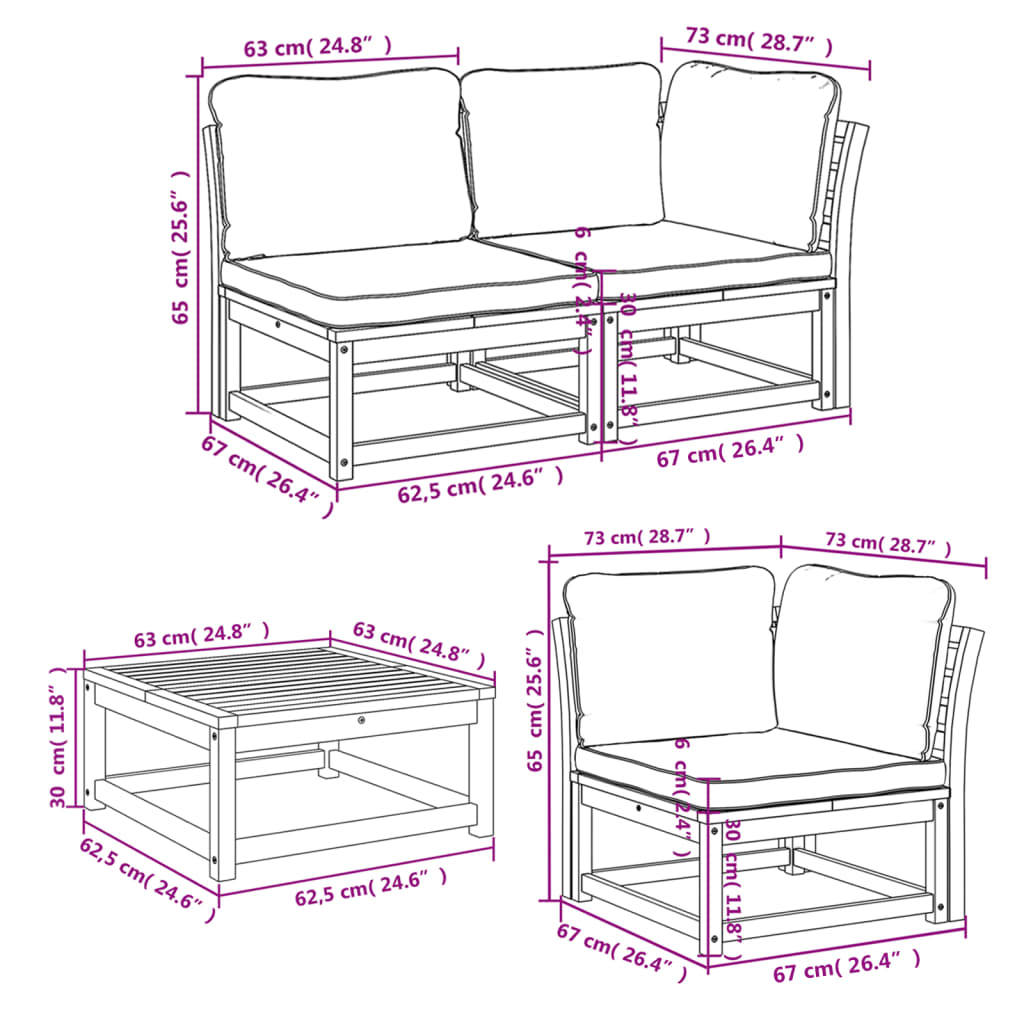 6 pcs conjunto lounge jardim c/almofadões madeira maciça acácia