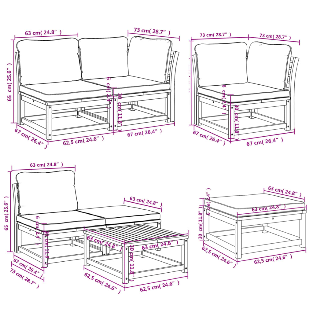 7 pcs conjunto lounge jardim c/almofadões madeira maciça acácia