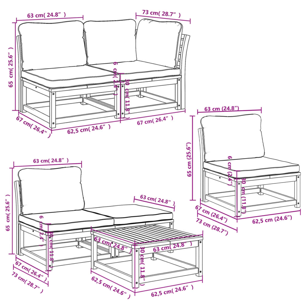 6 pcs conjunto lounge jardim c/almofadões madeira maciça acácia