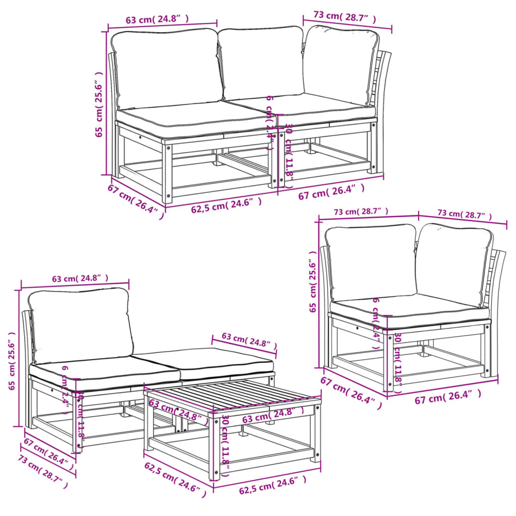 6 pcs conjunto lounge jardim c/almofadões madeira maciça acácia