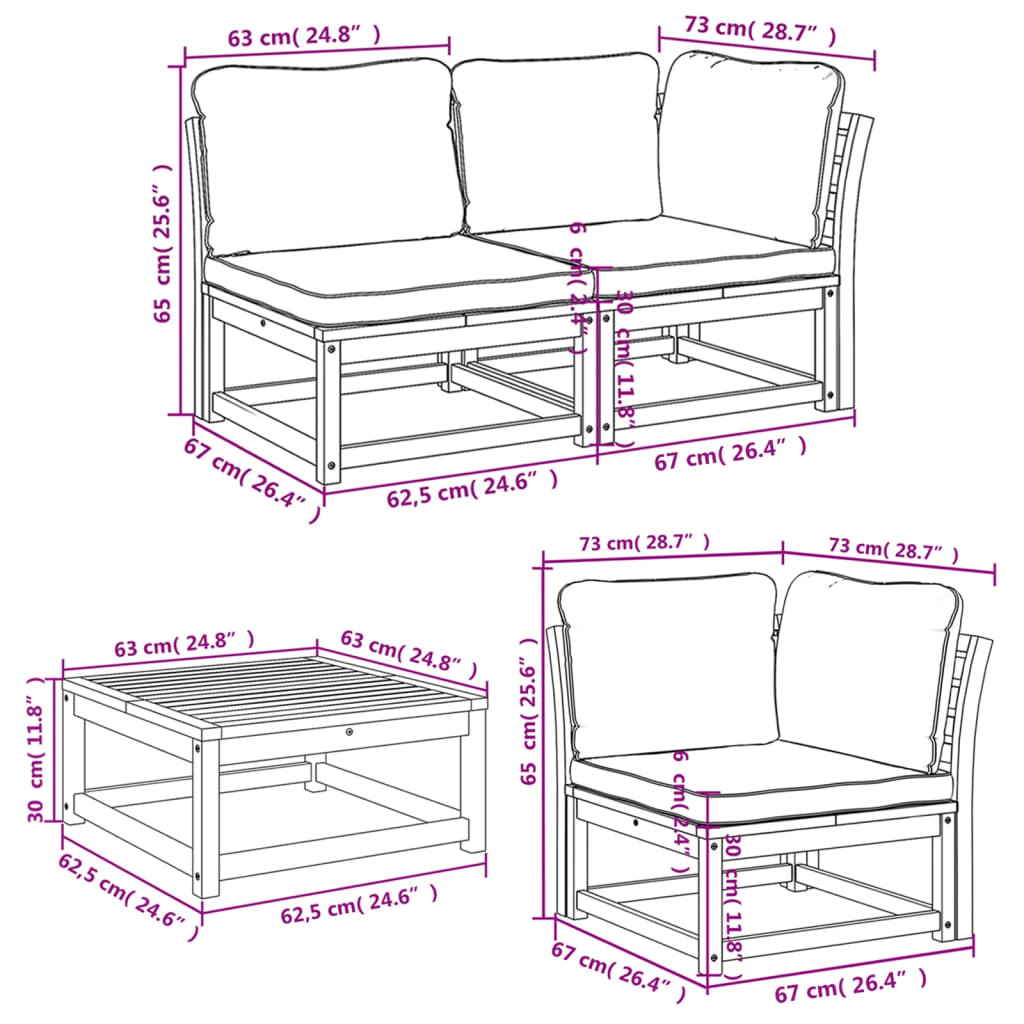 6 pcs conjunto lounge jardim c/almofadões madeira maciça acácia