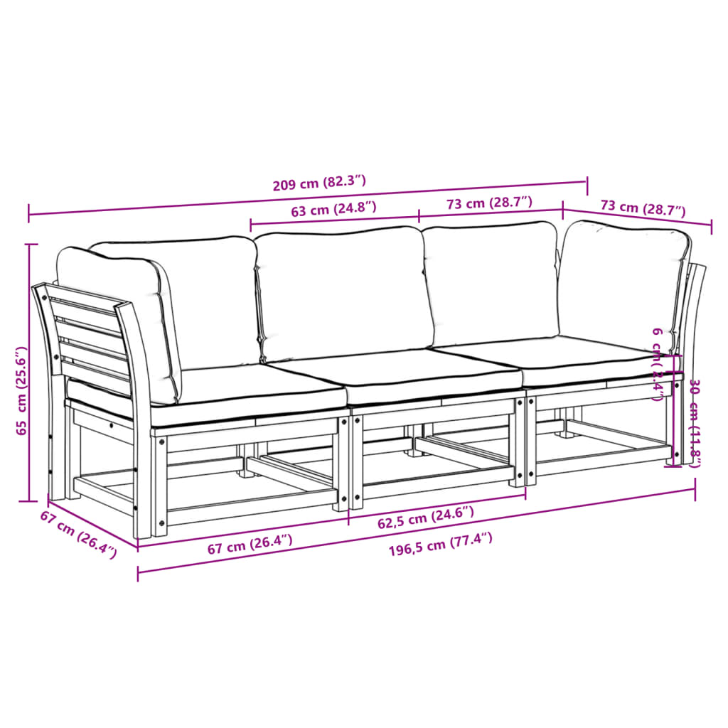 3 pcs conjunto lounge de jardim c/ almofadões acácia maciça