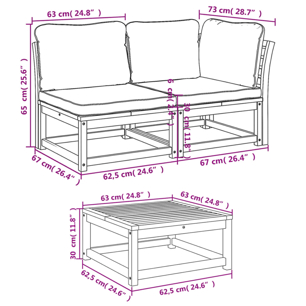 9pcs conjunto lounge jardim c/almofadões madeira maciça acácia