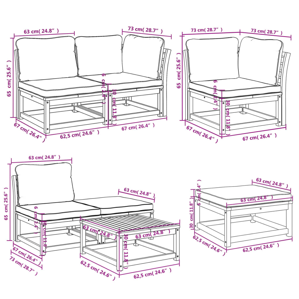 7 pcs conjunto lounge jardim c/almofadões madeira maciça acácia